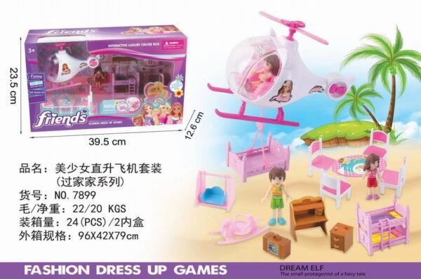 helicopter with male and female doll, bookcase, bunk bed, luggage, rocking horse, swing, outdoor table and chair set